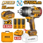 INGCO CIWLI20175 20V 2Batt 8Ah+Char+Box BL 1750N.m 3/4″ فرد شد عزق بطارية صناعي Cordless Industrial Impact Wrench