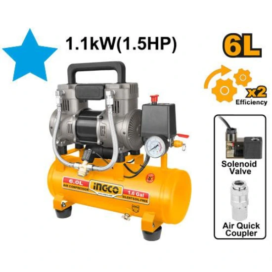 INGCO-ACS111062-1100W-1.5HP-6L-كومبرسور-هواء-كاتم-AIR-COMPRESSOR.webp INGCO ACS111062 1100W (1.5HP) 6L كومبرسور هواء كاتم AIR COMPRESSOR - Image 1