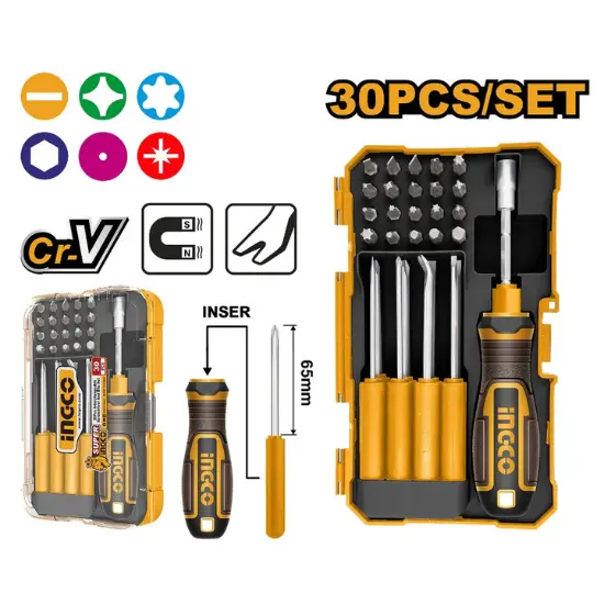 INGCO-AKISD3001-30Pcs-طقم-مفكات-مع-6-انواع-رؤوس-تبديل-Interchangeable-Screwdriver-Bits-Set.webp INGCO AKISD3001 30Pcs طقم مفكات مع 6 انواع رؤوس تبديل Interchangeable Screwdriver Bits Set - Image 1