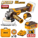 INGCO CAGLI2111561 20V 1Batt 4Ah+Char+Box BL صاروخ مع كبسة امان وقفل Cordless Angle Grinder with Safety Trigger Switch
