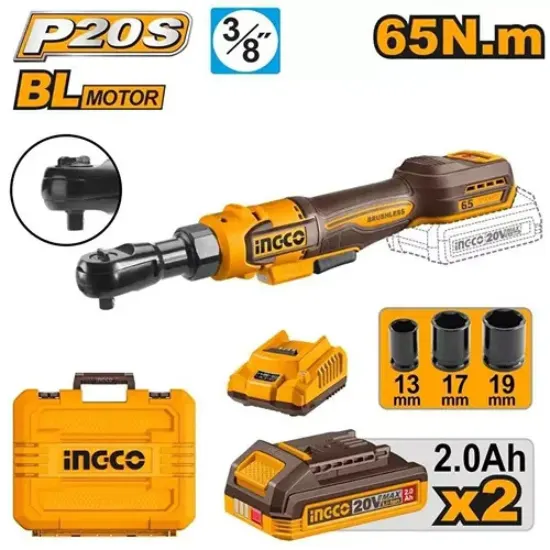 INGCO-CDRLI20652-20V-2Batt-2AhCharBox-BL-38-طقطاق-بطارية-Cordless-Drive-Ratchet.webp INGCO CDRLI20652 20V 2Batt 2Ah+Char+Box BL 3/8″ طقطاق بطارية Cordless Drive Ratchet - Image 1