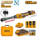 INGCO CDRLI2065292 20V 2Batt 2Ah+Char+Box BL 3/8″ طقطاق بطارية عنق طويل صناعية Cordless Drive Ratchet