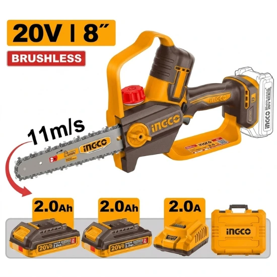 INGCO-CGSLI20882-20V-2Batt-2AhCharBox-BL-منشار-شجر-بطارية-مع-مزيتة-أوتوماتيكية-CORDLESS-PRUNER-SAW.webp INGCO CGSLI20882 20V 2Batt 2Ah+Char+Box BL 8″ منشار شجر بطارية مع مزيتة أوتوماتيكية CORDLESS PRUNER SAW - Image 1