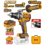 INGCO CIDLI201368 20V 2Batt 5Ah+Char+Box BL 136N.m 13mm Jacobs مقدح بطارية راس حديد صناعي BL HIGH TORQUE IMPACT DRILL