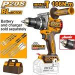INGCO CIDLI2016681 20V 13MM 166N.M BL مقدح بطارية صناعي رجراج فدار Heavy-Duty 20V Brushless Cordless Impact Drill (Bare Tool)