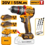 INGCO CIDLI20558 20V 2BATT 2AH+BOX 13MM BL55N.M مقدح بطارية صناعي رجراج Compact Brushless Cordless Drill