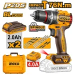 INGCO CIDLI207686 20V 2Batt 2Ah+Char+Box BL 76N.m 13mm مقدح بطارية راس حديد رجراج صناعي Compact Brushless Cordless Impact Drill