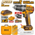 INGCO CIDLI208688 20V 2Batt 2Ah+Char+Box BL 86N.m 13mm مقدح بطارية راس حديد رجراج صناعي Compact Brushless Cordless Impact Drill