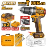 INGCO CIDLI208689 20V 2Batt 4Ah+Char+Box BL 86N.m 13mm مقدح بطارية راس حديد صناعي Cordless Brushless Impact Drill