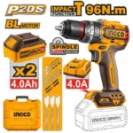 INGCO CIDLI20968 20V 2BATT 4A+BOX 13MM BL 96 N.M مقدح بطارية صناعي رجراج Cordless Industrial Brushless Motor Impact Drill