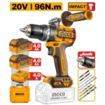 INGCO CIDLI209688 20V 2Batt 4Ah+Char+Box BL 96N.m 13mm مقدح بطارية راس حديد صناعي Cordless Industrial Brushless Impact Drill