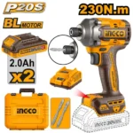 INGCO CIRLI2023 20V 2Batt 2Ah+Char+Box BL 230N.m 1/4″ مقدح شد براغي تورك بطارية Cordless impact driver