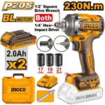INGCO CIWLI20236 20V 2Batt 2Ah+Char+Box BL 230N.m 3/4″ فرد شد عزق وبراغي بطارية صناعي Cordless Wrench and Impact Driver 2 In 1