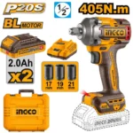 INGCO CIWLI2045 20V 2Batt 2Ah+Char+Box BL 405N.m 1/2″ فرد شد عزق بطارية صناعي Cordless Impact Wrench