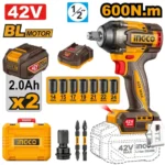 INGCO CIWLI42602 42V 2Batt 2Ah+Char+Box BL 600N 1/2″ فرد شد عزق بطارية Cordless Impact Wrench