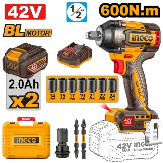INGCO-CIWLI42602-42V-2Batt-2AhCharBox-BL-600N-12-فرد-شد-عزق-بطارية-Cordless-Impact-Wrench.webp INGCO CIWLI42602 42V 2Batt 2Ah+Char+Box BL 600N 1/2″ فرد شد عزق بطارية Cordless Impact Wrench - Image 1