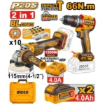 INGCO CKLI20256 20V 2Batt 4.0Ah+C+Box 1200W مجموعة مقدح رجراج+صاروخ Cordless Combo Kit