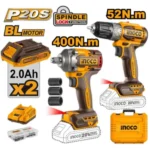 INGCO CKLI20271 20V 2BATT+CHAR+BOX 10MM كومبو فرد شد عزق+ مقدح بطارية Cordless combo 1/2″ Impact wrench 400Nm + Impact drill 52Nm
