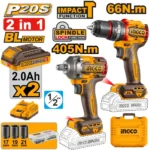 INGCO CKLI20286 20V 2Batt 2Ah+Char+Box 405N.m مجموعة مقدح بطارية رجراج مع فرد شد عزق Cordless 2 Pcs Combo Kit