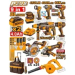 INGCO CKLI2098 20V 9 Pcs مجموعة عدة صناعية مع بطاريات وشنطة واكسسوار Cordless Industrial Combo Kit