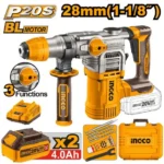INGCO CRHLI202882 20V 2BATT 4A+CHAR+BOX 28MM BL كومبرسور تكسير بطارية Brushless Cordless Rotary Hammer Industrial
