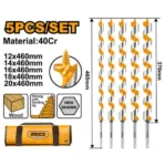 INGCO DBW0501 5Pcs 460mm + Bag طقم ريش حفر خشب حلزونية للأخشاب الجافة والرطبة Auger Drill Bits Set