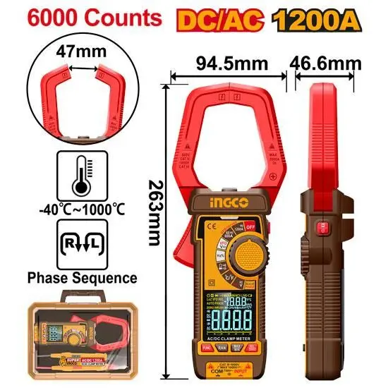 INGCO-DCM610002-ACDC-6000-Counts-1200A-كلامبميتر-ديجيتال-Digital-Clamp-Meter-Multi-Tester.webp INGCO DCM610002 AC/DC 6000 Counts 1200A (94.5mm) كلامبميتر ديجيتال راس عريض Digital Clamp Meter Multi Tester - Image 1