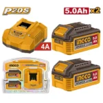 INGCO FBCPK2513 20V 2Pcs 5Ah مجموعة بطاريات مع شاحن صناعي Lithium-Ion Battery and Charger Kit