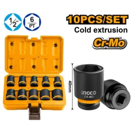 INGCO HKISSD12101 10Pcs 1/2″ طقم طربوش بولاد هواء اسود DR. Impact Socket Set Industrial