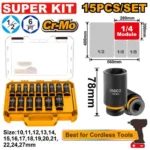 INGCO HKISSD12158L 15Pcs Box+1/2″x78mm طقم طربوش بولاد هواء اسود طويل DR. Deep impact socket set