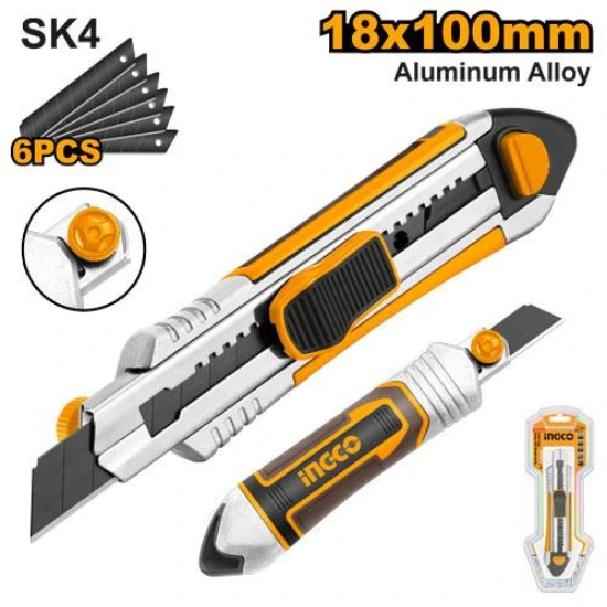 INGCO-HKNS1808-سكين-شفرة-المنيوم-سحب-6-شفرات-فدار-Snap-off-blade-knife.webp INGCO HKNS1808 سكين شفرة المنيوم سحب + 6 شفرات فدار Snap-off blade knife - Image 1