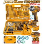 INGCO HKTHP41723 172Pcs 20V 550N.m BL 1/2″ طقم عدة مع فرد شد عزق صناعي Cordless Impact Wrench Tool Set