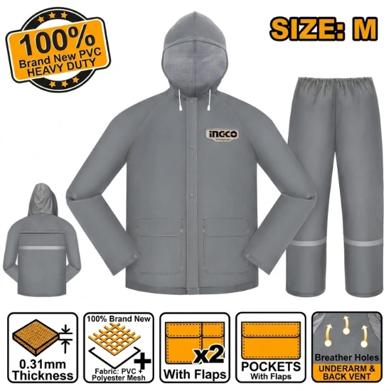 INGCO-HRCTSKT031GY.M-PVC-طقم-مطري-Industrial-Rain-Coat-Suit-Set-w-Zipper-and-Pocket-100-NEW-PVC-Size-M.webp INGCO HRCTSKT031GY.M PVC طقم مطري Industrial Rain Coat Suit Set w/ Zipper and Pocket 100% NEW PVC Size: M - Image 1