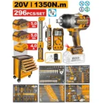 INGCO HTCS282962 296Pcs 1350N.m طاولة مع خزانة عدة ميكانيك بدواليب 7 جوارير مع فرد شد عزق بطارية MECHANICS TOOL CHEST+ 3/4″ 1350NM IMPACT WRENCH TOOLS SET