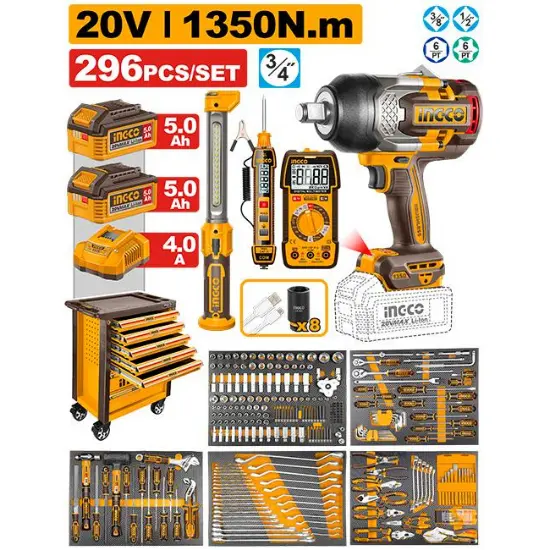 INGCO-HTCS282962-296Pcs-1350N.m-طاولة-مع-خزانة-عدة-ميكانيك-بدواليب-7-جوارير-مع-فرد-شد-عزق-بطارية-MECHANICS-TOOL-CHEST-34-1350NM-IMPACT-WRENCH-TOOLS-SET.webp INGCO HTCS282962 296Pcs 1350N.m طاولة مع خزانة عدة ميكانيك بدواليب 7 جوارير مع فرد شد عزق بطارية MECHANICS TOOL CHEST+ 3/4″ 1350NM IMPACT WRENCH TOOLS SET - Image 1