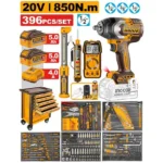 INGCO HTCS283962 850N.m خزانة عدة ميكانيك بدواليب 7 جوارير مع فرد شد عزق بطارية Tools Chest Set 396 Pcs With Cordless Impact Wrench