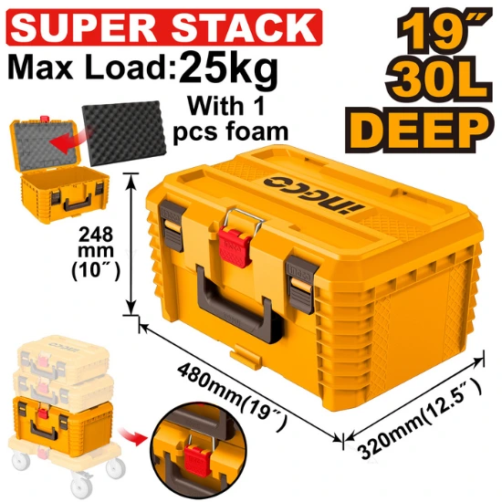 INGCO-PBXS103-شنطة-عدة-بلاست-19480X320X428MM-Stackable-Toolbox.webp INGCO PBXS103 شنطة عدة بلاست 19(480X320X428)MM” Stackable Toolbox - Image 1