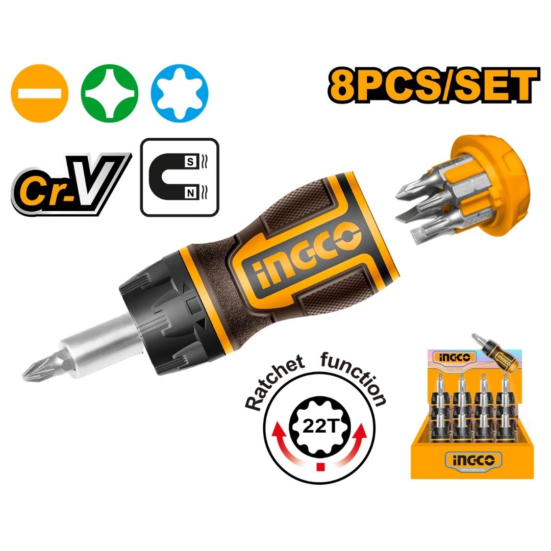 ingco-akisds1728-25mm-14-8-in-1-مفك-براغي-stubby-ratchet-screwdriver-set-lebanon.jpeg INGCO AKISDS1728 25MM – 1/4″ – 8 IN 1 مفك براغي STUBBY RATCHET SCREWDRIVER SET - Image 1