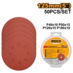 INGCO AKRS1250511 50 PCS P(40,80,120,180) 125MM ورق حفة دائري للحفافة Sanding Sheets for Orbital Sander