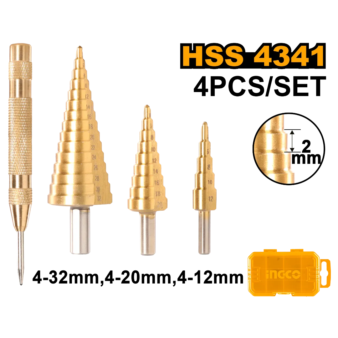 ingco-aksds2041-طقم-ريش-بلبل-مع-سونبك-اوتوماتيك-industrial-grade-step-drill-bit-set-bundled-with-an-automatic-center-punch-4pcs-lebanon.webp INGCO AKSDS2041 طقم ريش بلبل مع سونبك اوتوماتيك industrial-grade Step Drill Bit Set bundled with an automatic center punch 4Pcs - Image 1