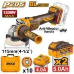 INGCO CAGLI2120252 20V 10DISC 2BATT 5AH+CHAR+BOX BL 1200W صاروخ بطارية CORDLESS ANGLE GRINDER
