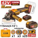 INGCO CAGLI4128112 42V 1280W 2BATT 4A+CHAR+BOX BL صاروخ بطارية Industrial Angle Grinder