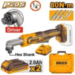 INGCO CAIRLI208 20V 2Batt 2Ah+Char+Box Hex 80N.m 1/4″ مسكة فك براغي طقطاق زاوية بطارية Cordless Angle Impact Screw Driver