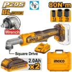 INGCO CAIWLI208 20V 2Batt 2Ah+Char+Box 80N.m 3/8″ مسكة طقطاق زاوية بطارية INGCO Cordless angle impact wrench