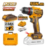 INGCO CDLI205062 20V 2BATT 2AH+CHAR+BOX 13MM 50 N.M مقدح بطارية صناعي Compact Brushless Cordless Drill