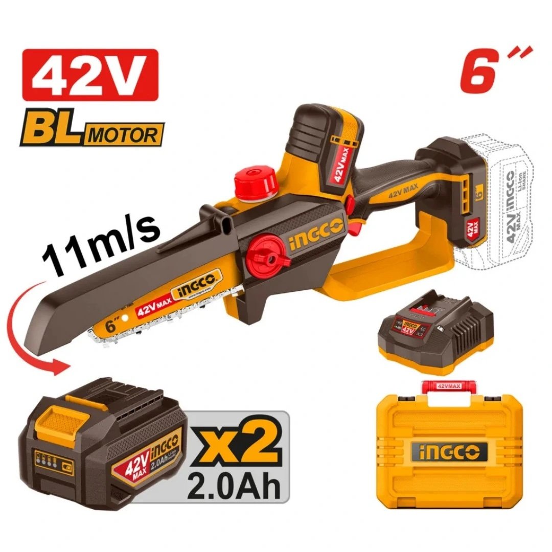 ingco-cgsli42681-42v-2batt-2achar-bl-6-منشار-حطب-صغير-chain-saw-industrial-lebanon.jpeg INGCO CGSLI42681 42V 2BATT 2A+CHAR BL 6″ منشار حطب صغير CHAIN SAW INDUSTRIAL - Image 1