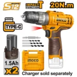 INGCO CIDLI12206 12V 2BATT+BOX TYPE-C 20N.M مقدح بطارية رجراج Cordless Impact Drill