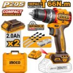 INGCO CIDLI20668 20V 2BATT 2A+CHAR+BOX 13MM BL 66N مقدح بطارية صناعي رجراج Brushless Compact Impact Cordless Drill