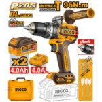 INGCO CIDLI209686 20V 2BATT 4A+CHAR+BOX 13MM 96N.M BL مقدح بطارية صناعي رجراج Brushless cordless impact drill