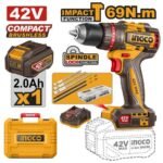 INGCO CIDLI426981 42V 1BATT 2AH+CHAR+BOX 13MM 69N.M BL مقدح بطارية صناعي رجراج Cordless Impact Drill Brushless Motor